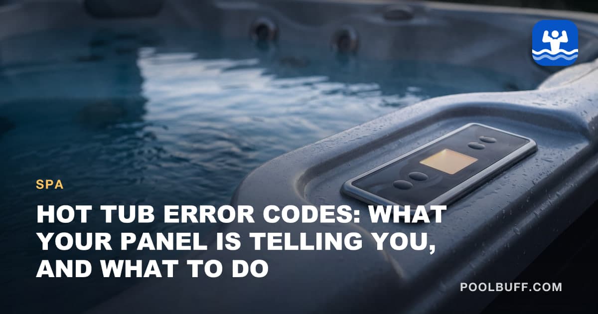 A hot tub's control panel set into the wet gray lip of the shell at dusk, its small square display glowing amber beside four plain buttons, with the blue water and jets behind