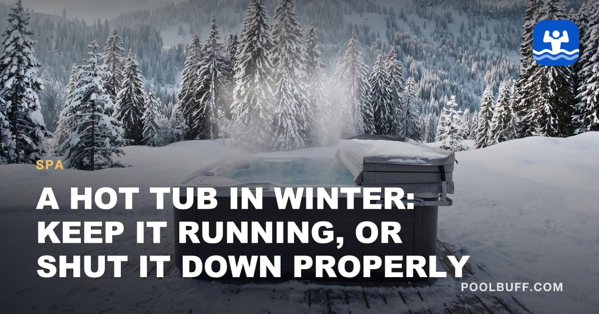 A hot tub on a snow-dusted deck, its gray cover folded back on the lifter at one end, steam rising off the water and snow-laden evergreens on the hillside behind