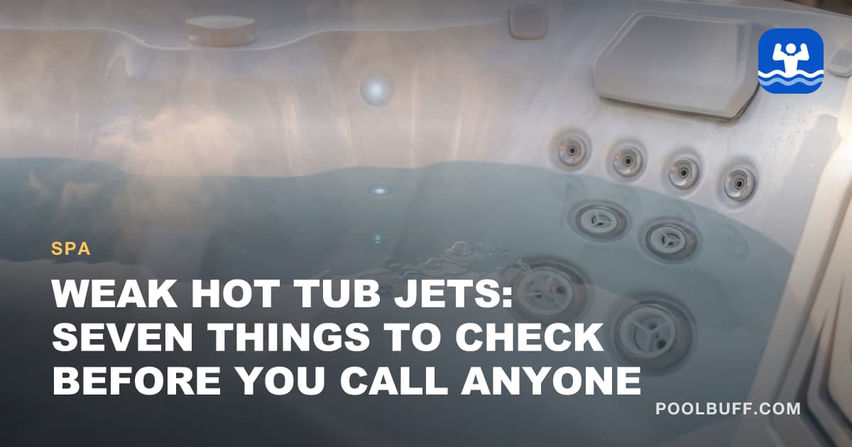 Steam over a hot tub in evening light, a weak stream and a trail of bubbles leaving one large jet below the waterline, more jets and a pillow on the wall above