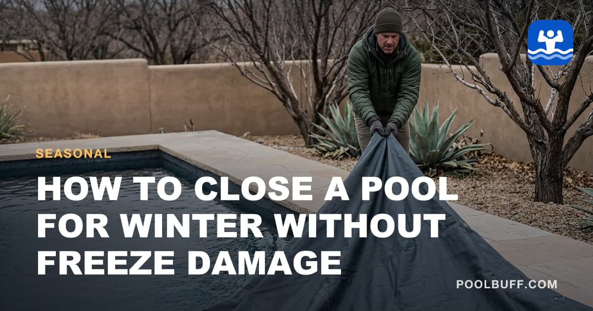 A winter cover being drawn over a pool with bare trees behind