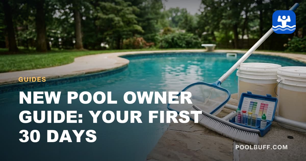 A skimmer net, brush, test kit and chemical buckets laid out on pool coping